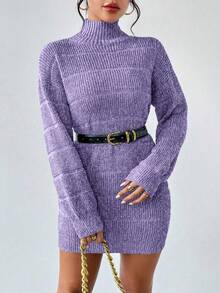 RosyDaze Women's Casual High Neck Drop Shoulder Long Sleeve Knitted Sweater Dress, Autumn/Winter - Purple - View 6