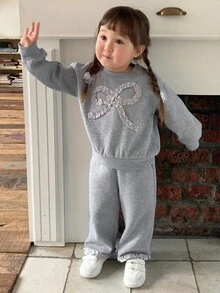 DAZY 2件套女婴圆领蝴蝶结装饰长袖卫衣和宽松运动裤套装，幼儿女童服装 - 灰色 - 查看 3