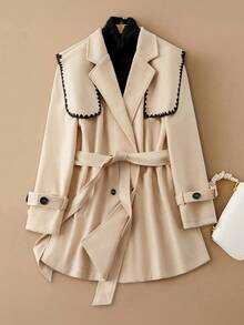 SHEIN Clasi Elegant Casual Daily Colorblock Navy Collar Mid-Length Plus Size Overcoat - Apricot - View 1