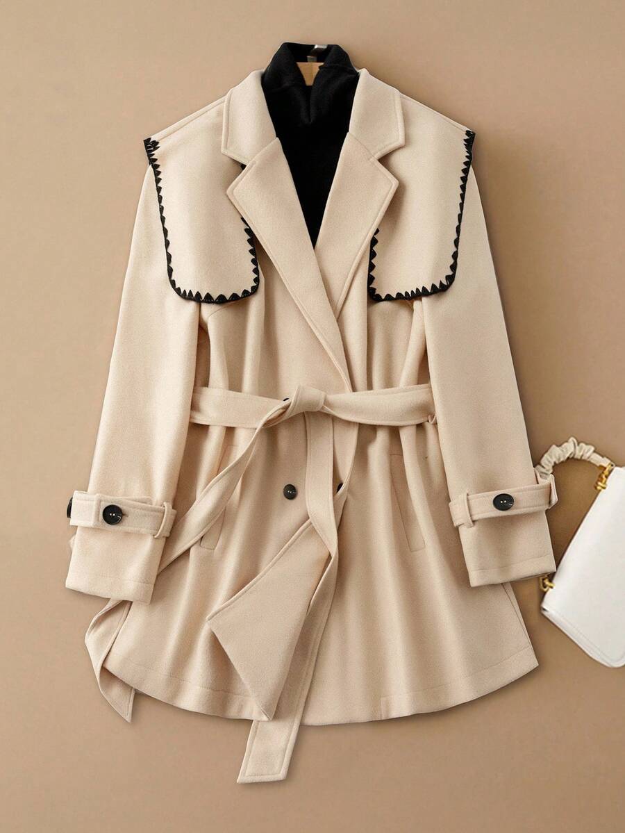 SHEIN Clasi Elegant Casual Daily Colorblock Navy Collar Mid-Length Plus Size Overcoat - Apricot - View 1