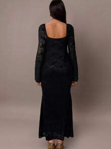 MaterniChic 孕妇甜心领口系带喇叭袖修身优雅连衣裙 - 黑色 - 查看 2