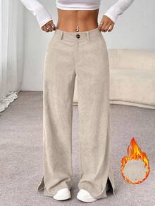 SHEIN Unity 秋冬休闲时尚灯芯绒侧开衩宽松直筒长裤