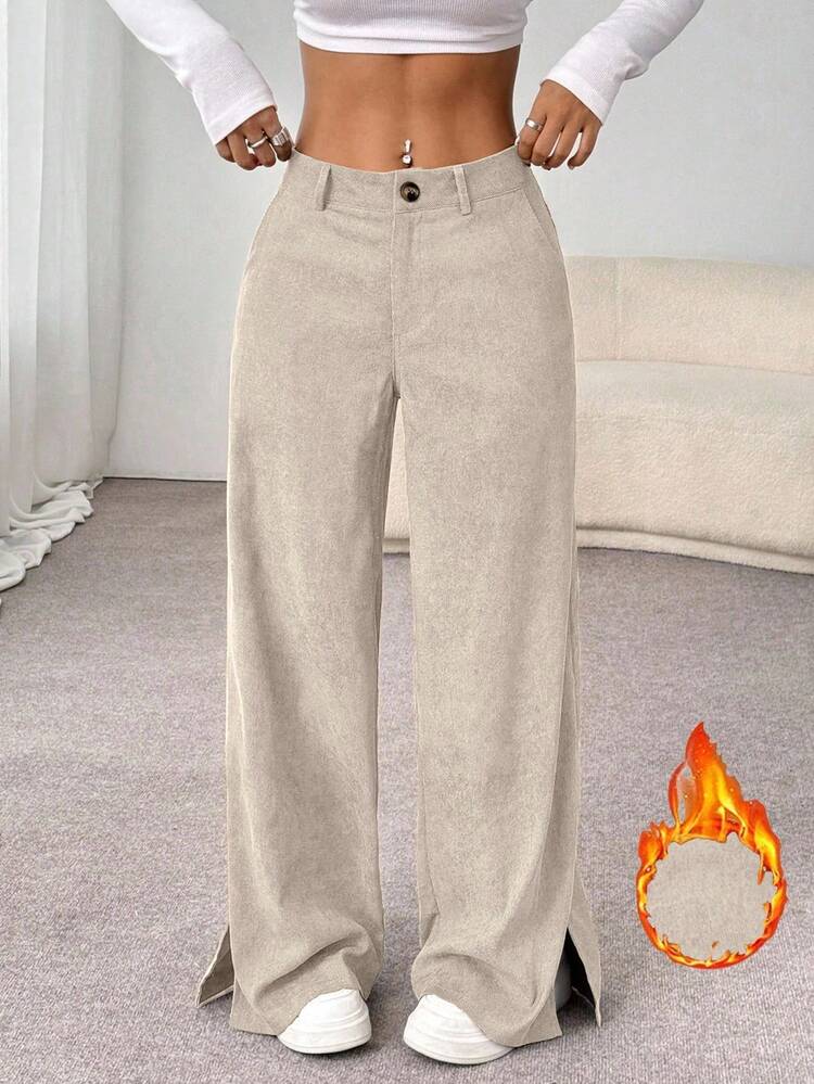 SHEIN Unity Pantalones largos rectos y sueltos con abertura lateral de pana de moda informal para otoño/invierno para mujeres - Albaricoque - Añade 4