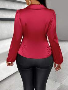 SOLERSUN 纯色裹身灯笼袖缎面衬衫 - 紅色 - 查看 2