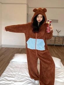 DAZY 加厚抓绒连帽耳罩设计女式连体衣，蓬松柔软，适合冬季和秋季穿着。 - 鏽棕色 - 查看 5