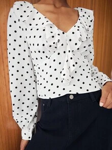 Lumivelle Women's V-Neck Ruffle Patchwork Elegant Polka Dot Long Sleeve Cinched Waist Commuter Blouse - White - View 1