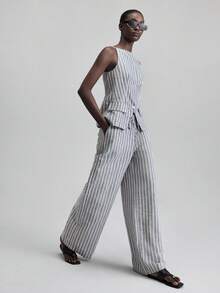 Ontre 2 件套女士亚麻混纺条纹无袖上衣休闲裤套装，灰色，度假风格，2025 年新款，适合日常穿着和商务休闲 - 灰色 - 查看 6