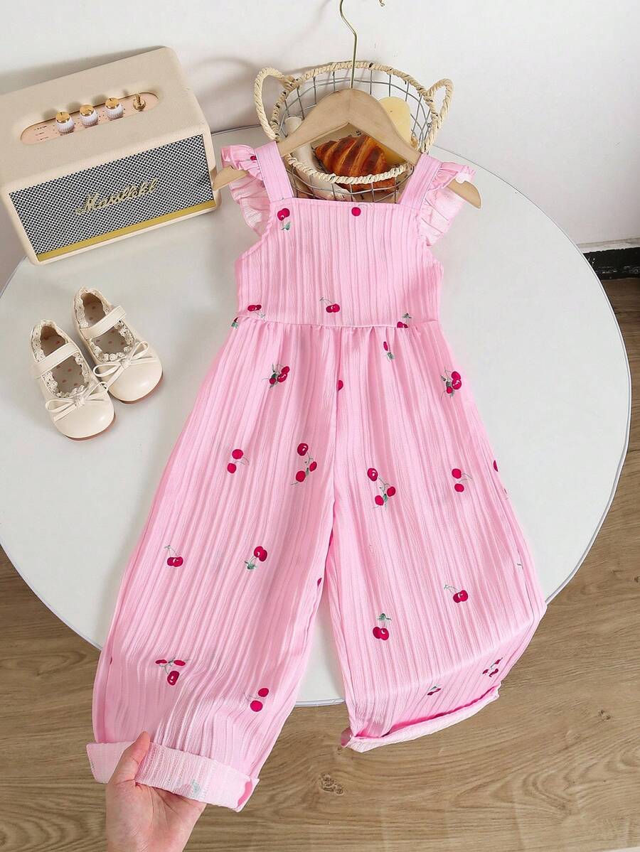 Genkimix Kids 1pc Vintage Casual Slim Fit Unique Cherry Print Jumpsuit, Suitable For Outdoor Summer And School - Pink - View 1