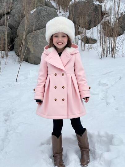 Elladie kids 女童粉色针织纹理复合保暖连帽长袖双排扣中长款防风外套，适合秋冬季日常穿着、外出、度假和聚会。