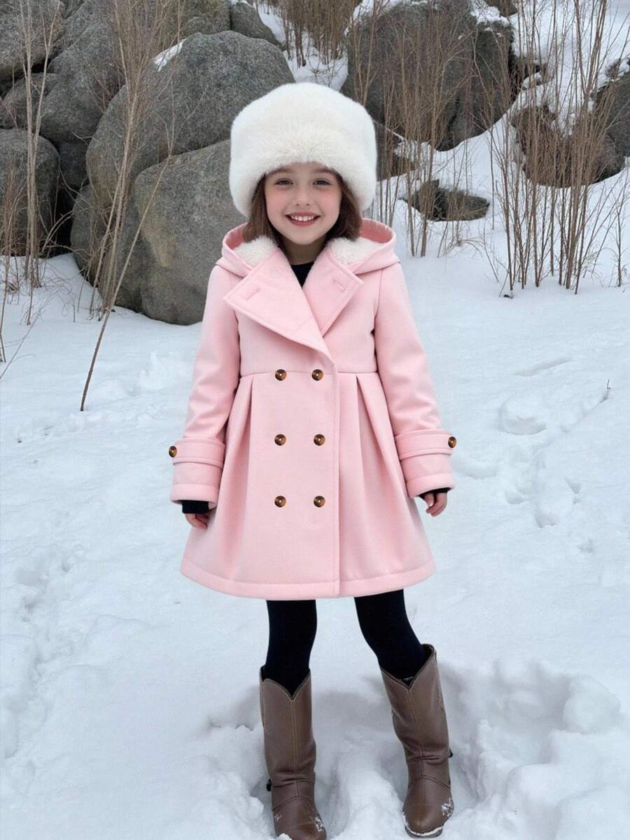 Elladie kids 女童粉色针织纹理复合保暖连帽长袖双排扣中长款防风外套，适合秋冬季日常穿着、外出、度假和聚会。