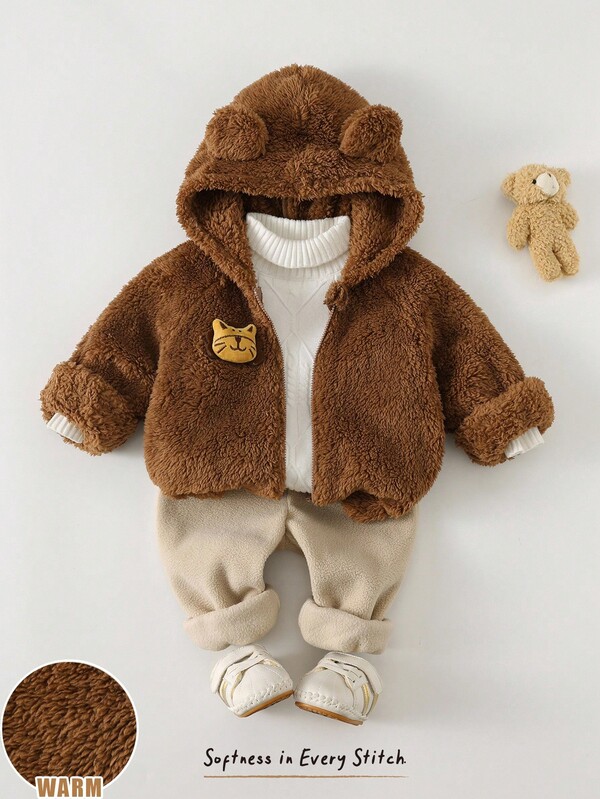 Cozy Pixies 男婴保暖卡通熊耳连帽外套和松紧腰裤套装（2件套），舒适百搭，时尚休闲，适合室内、室外、滑雪、返校、日常穿着、运动、玩耍、派对、节日、万圣节、圣诞节、新年等场合。