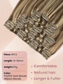 Kẹp tóc nối bằng tóc thật #P14/613 Tóc vàng sẫm pha trộn tóc vàng tẩy 9 chiếc 120g Kẹp tóc nối bằng tóc thật Kẹp tóc nối bằng tóc thật 14-16 inch thẳng Kẹp tóc nối bằng tóc thật Remy dành cho phụ nữ - S14/613 - Xem 3