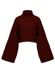 INAWLY Plus Size Women Plus High Neck Dropped Shoulder Loose Knitted Top, Fall/Winter - Burgundy - View 4