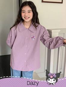 DAZY HELLO KITTY AND FRIENDS | SHEIN 青少年女孩撞色蕾丝花边领灯笼长袖衬衫，秋季 - 紫色 - 查看 3