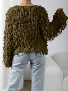 Zolique Áo khoác cardigan tua rua màu trơn thời trang cho đi làm, mùa thu - Màu xanh Ô liu - Xem 2