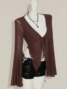 SHEIN ICON Áo thun tay dài màu trơn buộc phía trước thời trang Y2K Fall dành cho nữ, màu đỏ tía miền Tây, tay loe, thời trang dạo phố - màu nâu - Xem 6