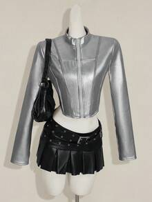 SHEIN ICON 女式银色休闲短款拉链修身 PU 皮夹克，秋季 - 銀色 - 查看 6