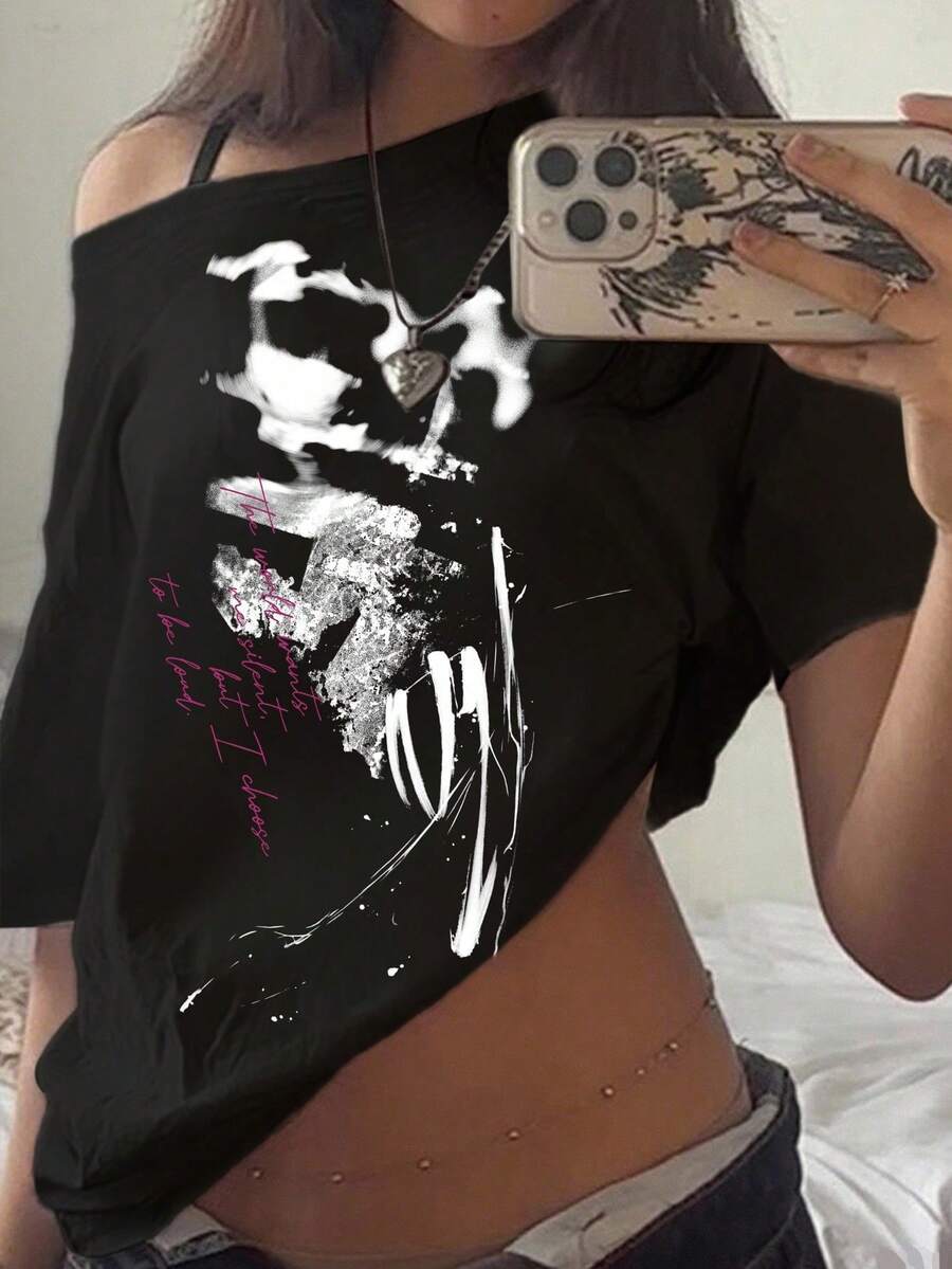 SHEIN EZwear Letter Graphic Asymmetrical Hem Tee Y2k - Multicolor - View 1