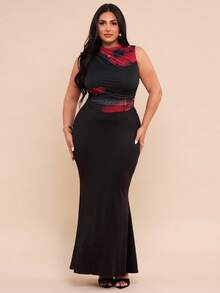 SHEIN BAE Mono elegante sin mangas con pliegues, estampado floral rojo y negro, adecuado para Navidad y Halloween, tallas grandes para mujeres