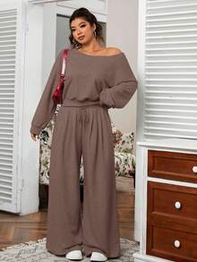 SHEIN EZwear 大码纯色不对称领长袖上衣和口袋裤休闲两件套 - 棕色 - 查看 4