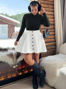 SHEIN EZwear Plus Size Women Summer Casual Everyday Commute Simple Versatile Solid Color Button Front A-Line Skirt