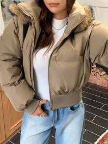 DAZY 女士休闲毛领连帽棉服外套，秋冬夹克 - 咖啡棕 - 查看 5