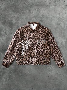 ROMWE MEN Street Life Chaqueta de estilo callejero con estampado de leopardo y texto en inglés, forrada térmicamente, para otoño/invierno - Café integral - Ver 2