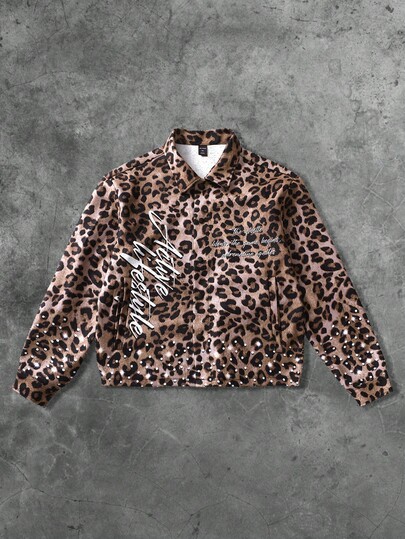 Street Life Men's Leopard Print & English Text Graphic Thermal Lined Street Style Jacket, Autumn/Winter