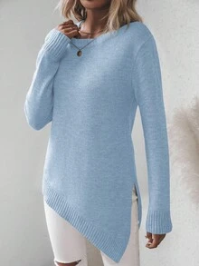 EMERY ROSE Casual Solid Color Asymmetric Hem Side Slit Sweater, Autumn/Winter - Baby Blue - View 3