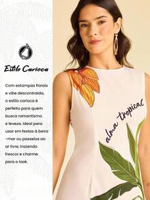 CAJUNI Women's Apricot Base Coconut Tree, Parrot And Tropical Fruit Print, Round Neck Sleeveless Fitted Ruched Print Summer Vacation Beach Mini Dress, Tropical Dress, Graphic Dress, Parrot Dress, Banana Leaf Dress, Summer Dress