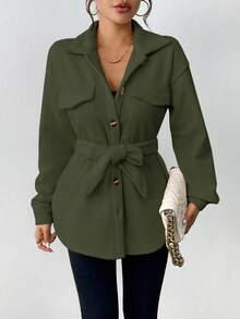 SHEIN LUNE Chaqueta casual de unicolor, versátil para el transporte, otoño/invierno - Verde Oscuro - View 3