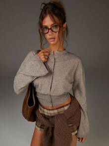 Athîral 女式休闲落肩长袖纯色针织开衫，秋季 - 駝色 - 查看 5