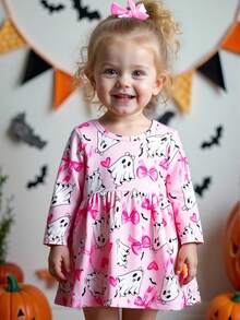 SHEIN Baby Mädchen Halloween Geist & Kürbis Muster süßer, lässiger und bequemer Langarm Feiertags-Outfit