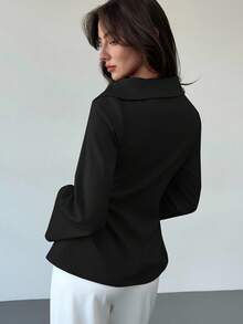 Aloruh Women's Solid Color Wrap Flare Sleeve Blouse, Suitable For Commuting,Black Tops - Black - View 2