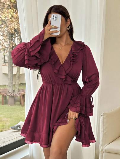 Vionelle Plus Size Women's Spring/Summer French Romantic Sicily Elegant Casual Commute Vacation Afternoon Tea Party Solid Color Chiffon Crinkle Cross Wrap Bowknot Dual Layer Ruffle Sleeve Decor Lined Long & Short Dress Burgundy Dress Wine Ruffle Dress Women Dress Vacation Dress Long Sleeve Ruffle Dress