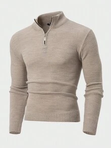 EURMUSE Men Textured Half Zipper Casual AW Regular Sweater - Camel - View 4