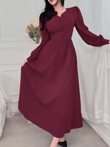 Modelyn Vestido de mujer elegante de unicolor con mangas de farol - Burdeos - Ver 3