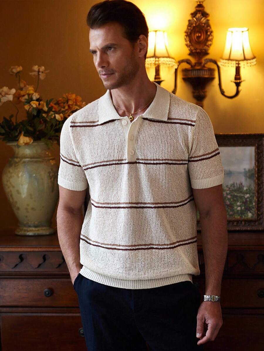 Manfinity Homme Men's Front Button Short Sleeve Striped Casual Knit Top Men Knit Polo - Multicolor - View 1