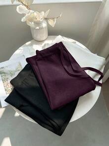 Franclia 全新女式高腰抽绳休闲直筒裤，保暖内衬厚针织长裤 - 紫色 - 查看 6