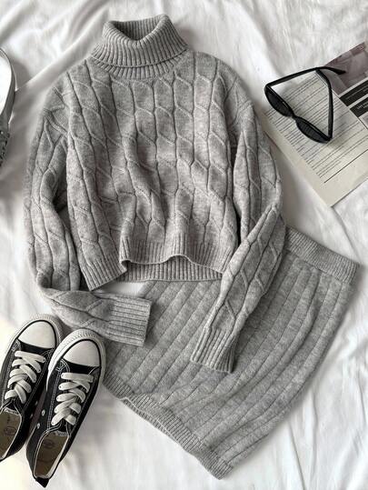 SHEIN 青少年灰色纯色毛衣套装，高领粗针织纹理简约套头毛衣上衣和针织裙，休闲日常通勤装，秋冬