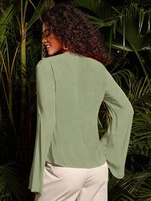 Travachic Damen elegante Pendler einfarbige Rüschen Glockenärmel Bluse, salbeigrünes Top mit langen Ärmeln, Bindetop, Herbst Winter, Weihnachten, Neujahr, Hochzeitsgast, elegante Abschlussfeier, luxuriöser Abschlussball, Casual - Grün - Übersicht 2