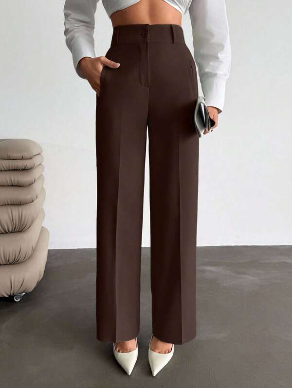 Women Pocket Detailed Long High Waist Elegant Woven Pants