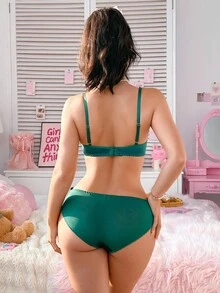 PetitDoll 2件套圣诞甜美性感花卉刺绣撞色蝴蝶结钢圈文胸和内裤套装女士 - 墨綠色 - 查看 2
