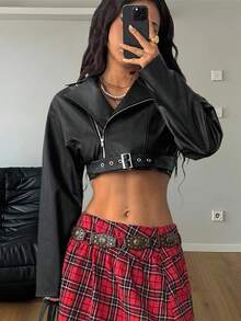 Coolane 女士秋季演唱会街头风格垃圾摇滚嬉皮士服装毛皮拉链宽松短款赛车夹克 - 黑色 - 查看 3