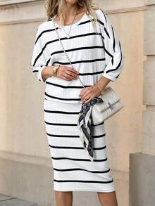 Solivie Women's Striped Round Neck 3/4 Sleeve T-Shirt And Mini Skirt Casual 2 Pieces Set In Fall/Winter