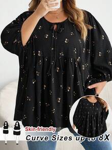 SHEIN CURVE+ 大码女式碎花抽绳领灯笼袖宽松休闲 T 恤 - 黑與白 - 查看 1