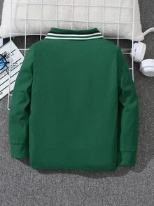 SHEIN 男童休闲宽松舒适纯色针织长袖 Polo 衫 - 墨綠色 - 查看 2