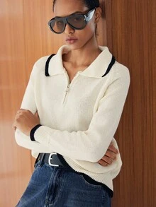 Lumivelle Elegante suéter de cuello redondo con cremallera y manga larga, estilo universitario para dama - Albaricoque - Ver 1