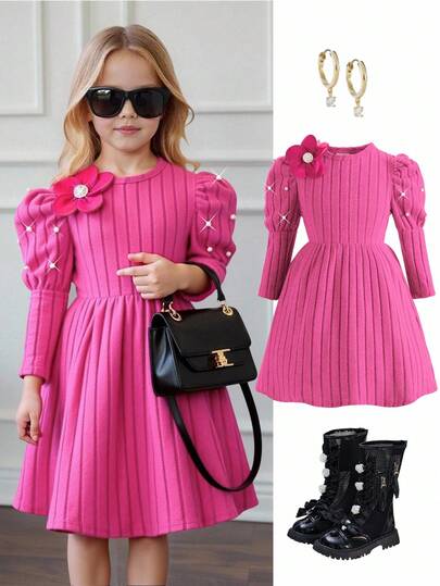 Elladie kids Vestido de manga larga y manga abullonada con decoración de perlas rojas para niñas, diseño de cintura con flores rojas y pedrería, cómodo y suave, para otoño/invierno