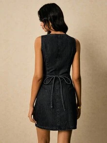 Poéselle Women's V-Neck Single-Breasted Casual Sleeveless Denim Dress - Black - View 4
